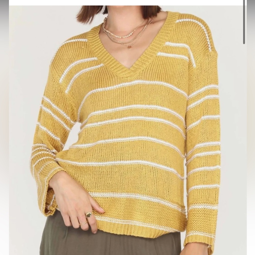 Greylin Larissa Mustard Striped Sweater V-Neck Bell Sleeve Knit Top XS